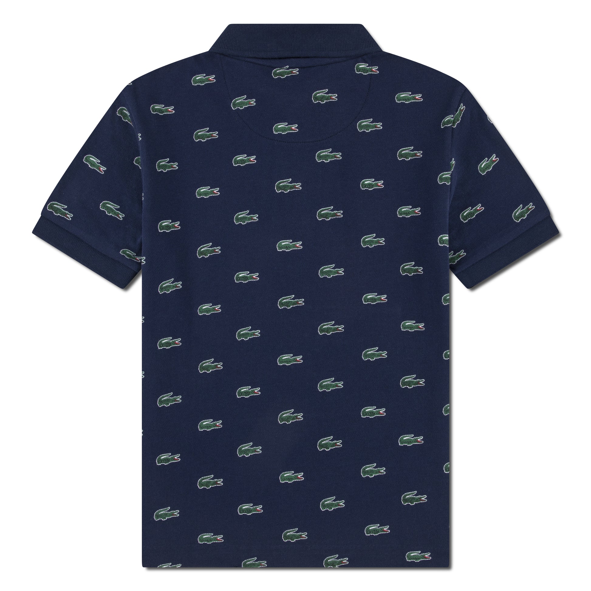 Polo - Lacoste bleu marine à manches courtes avec motifs crocodiles verts, vue de dos, style enfant en coton piqué.