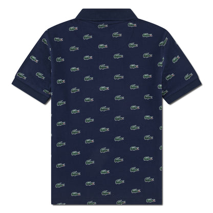 Polo - Lacoste bleu marine à manches courtes avec motifs crocodiles verts, vue de dos, style enfant en coton piqué.