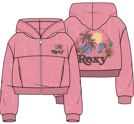 Veste - Roxy bébé fille rose en French Terry coton polyester, motifs fleurs et palmiers, vue de face et dos, dimensions 1400x1300