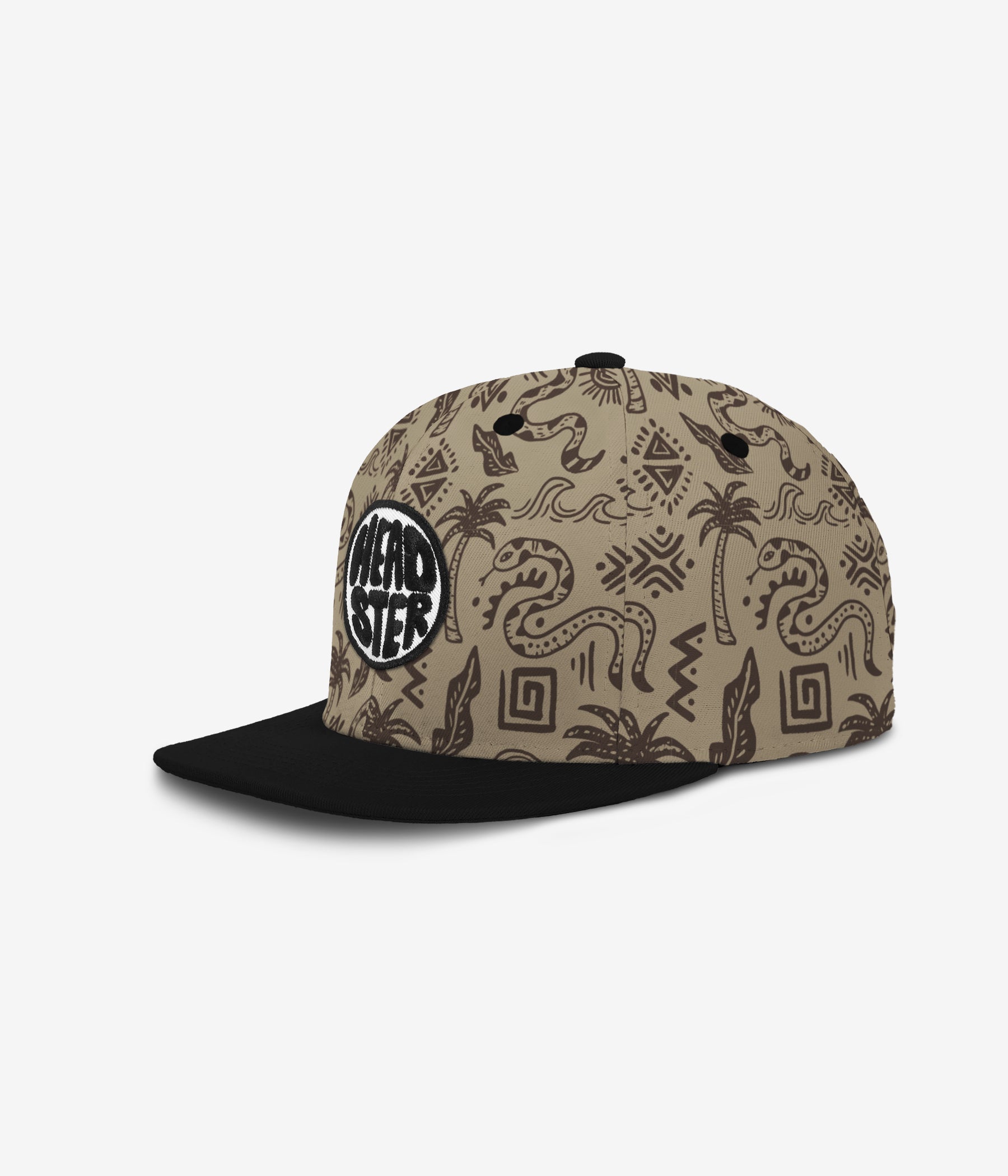 Casquette - Headster beige avec motifs tribaux marron et visière noire, style casquette plate, vue de côté gauche.