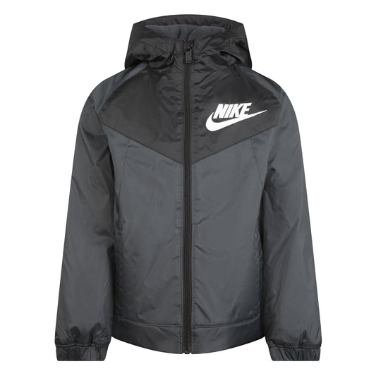 Manteau Mi-Saison Sportswear Fleece Lined Windbreaker - Nike noir et gris avec capuche et logo blanc vue de face