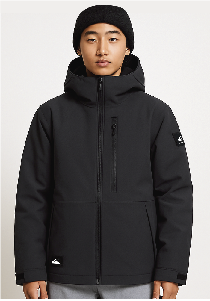 Manteau d'hiver - Quiksilver noir avec capuche, fermeture zippée, tissu isolant, coupe droite, porté par un adolescent, vue de face.