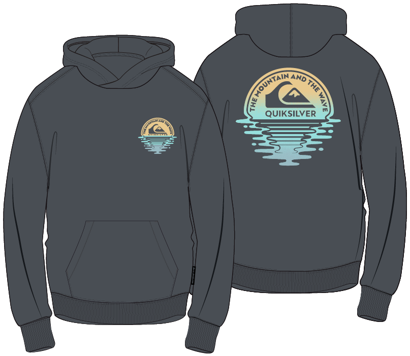 Hoodie - Quiksilver gris foncé en coton, à capuche avec poche kangourou, motifs colorés sur la poitrine et dans le dos, vue avant et arrière.