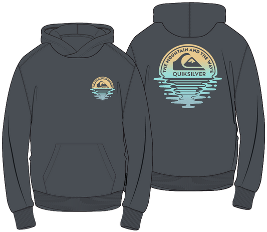 Hoodie - Quiksilver gris foncé en coton, à capuche avec poche kangourou, motifs colorés sur la poitrine et dans le dos, vue avant et arrière.