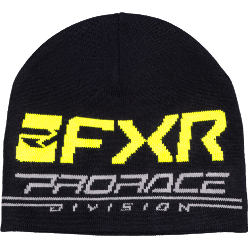 Tuque d'hiver - FXR (Copie) noire en tricot avec logo jaune et gris, style unisexe, vue de face.