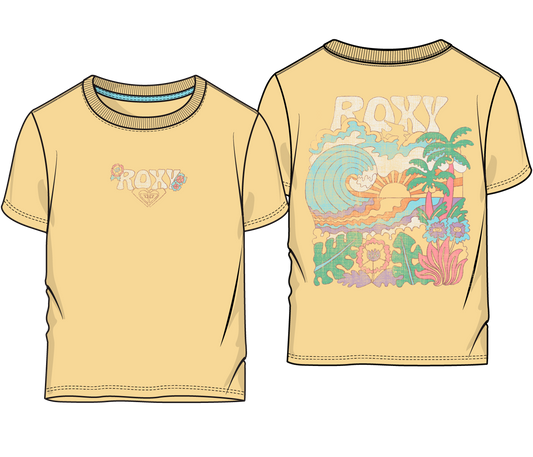 T-Shirt - Roxy jaune clair en coton avec motifs colorés devant et dos, style décontracté, vue de face et dos.