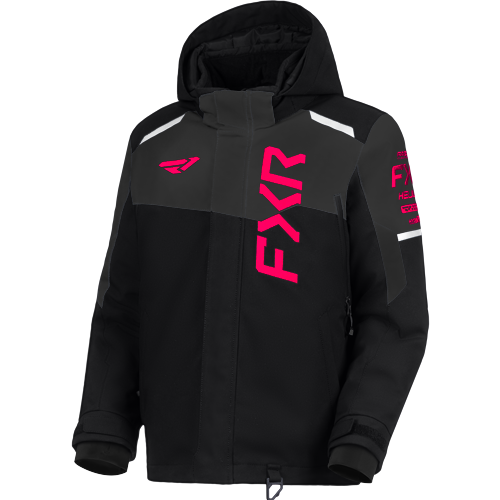 Manteau d'hiver Helium - FXR noir à capuche avec détails roses et logo FXR vue de face