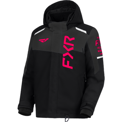 Manteau d'hiver Helium - FXR noir à capuche avec détails roses et logo FXR vue de face