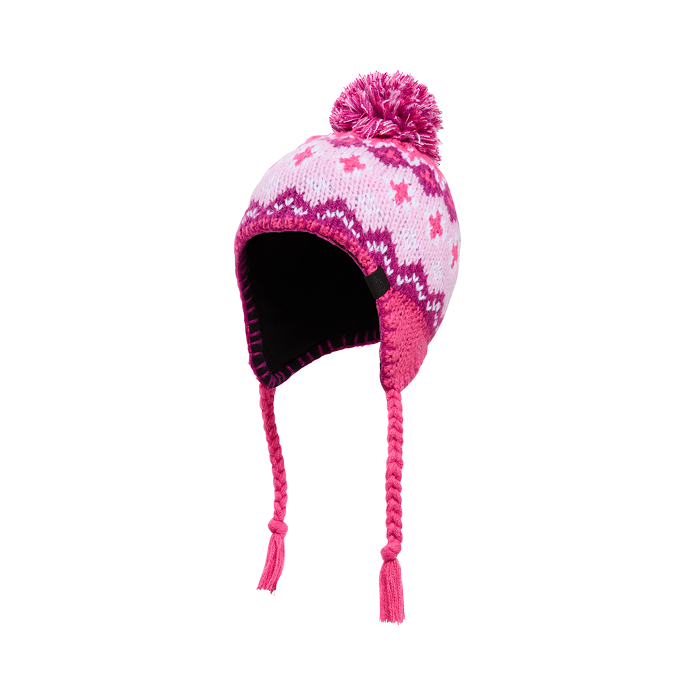 Tuque d'hiver - Kombi rose et mauve en tricot avec doublure noire polaire, pompon et tresses, vue de trois quarts portée.