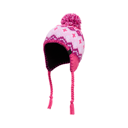 Tuque d'hiver - Kombi rose et mauve en tricot avec doublure noire polaire, pompon et tresses, vue de trois quarts portée.