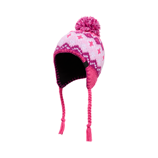 Tuque d'hiver - Kombi rose et mauve en tricot avec doublure noire polaire, pompon et tresses, vue de trois quarts portée.