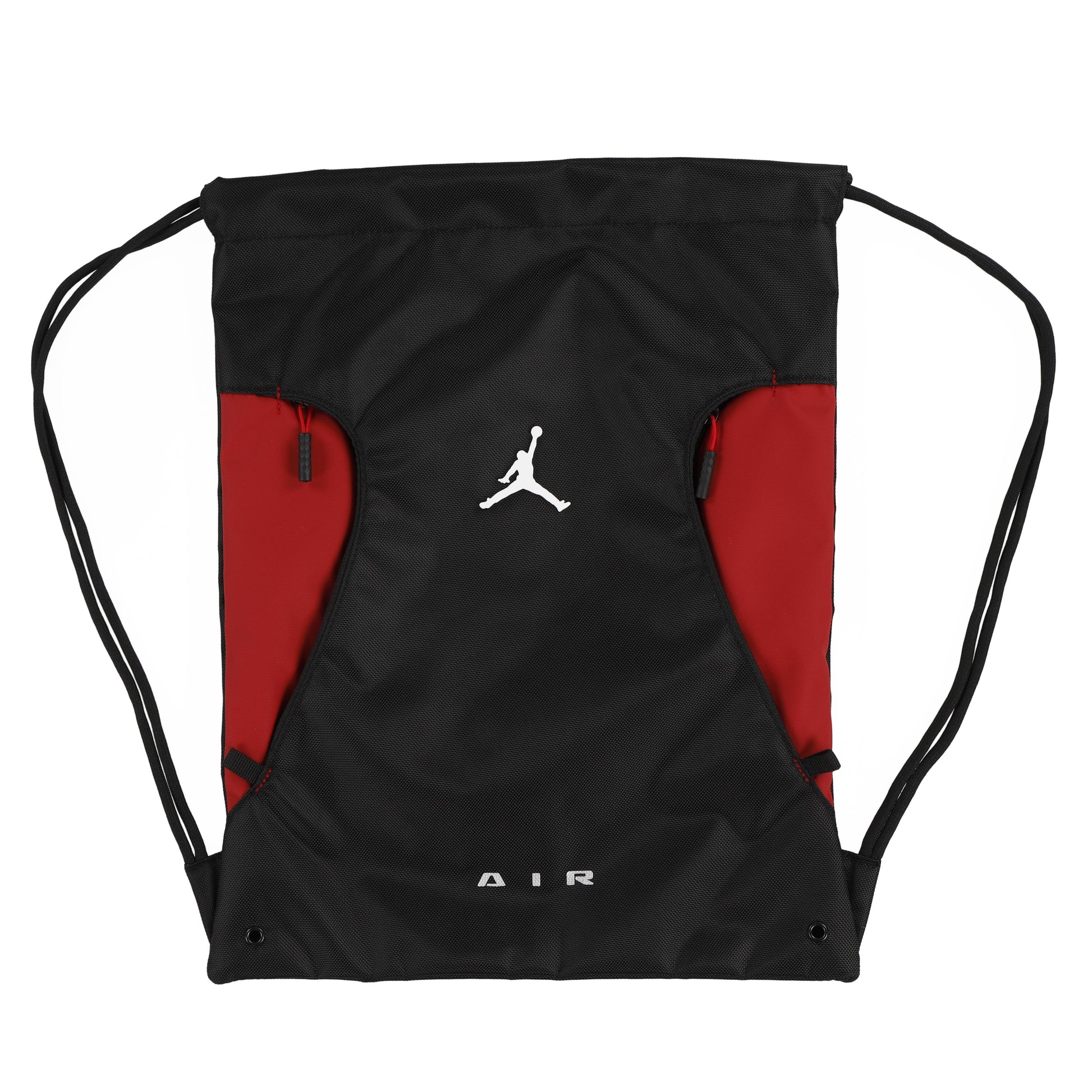 Sac à cordons - Jordan noir et rouge avec logo blanc, léger en nylon, vue de face fond blanc, format carré 3000x3000