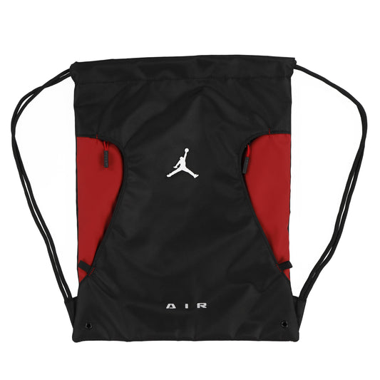 Sac à cordons - Jordan noir et rouge avec logo blanc, léger en nylon, vue de face fond blanc, format carré 3000x3000