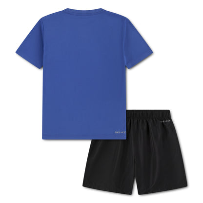Ensemble - Nike pour enfant, t-shirt bleu et short noir en polyester, vue de dos, style sport confortable.