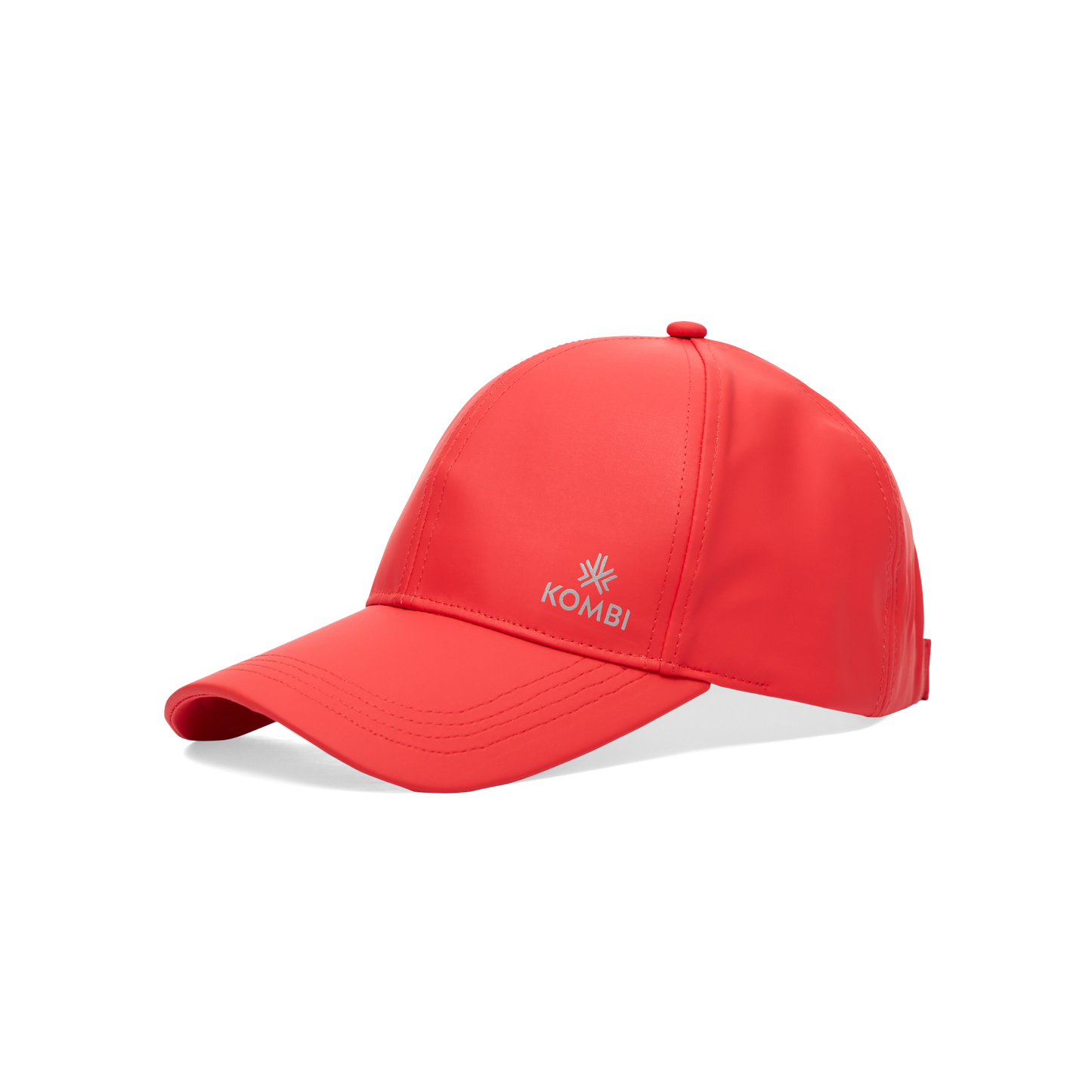 Casquette - Kombi imperméable rouge vif avec logo blanc, tissu synthétique, ajustable, vue trois quarts droite, galerie position 1.