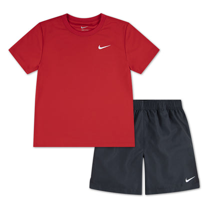 Ensemble - Nike 100% polyester, t-shirt rouge manches courtes et short noir, pour enfant, vue de face