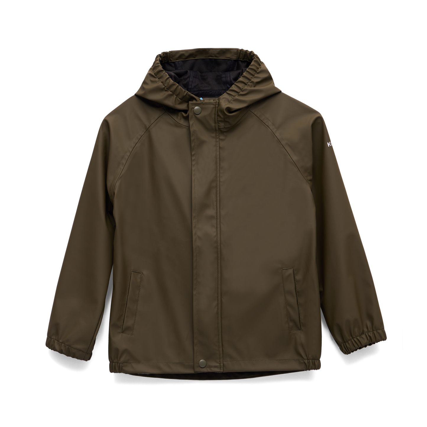 Manteau Imperméable - Kombi vert kaki en polyester et polyuréthane pour enfant, vue de face, manches longues avec capuche.