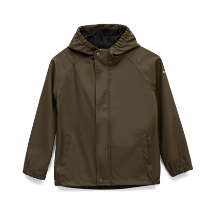 Manteau Imperméable - Kombi vert kaki en polyester et polyuréthane pour enfant, vue de face, manches longues avec capuche.