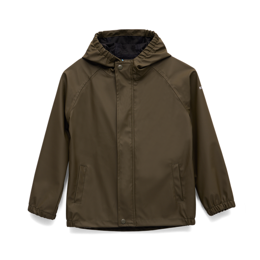 Manteau Imperméable - Kombi vert kaki en polyester et polyuréthane pour enfant, vue de face, manches longues avec capuche.