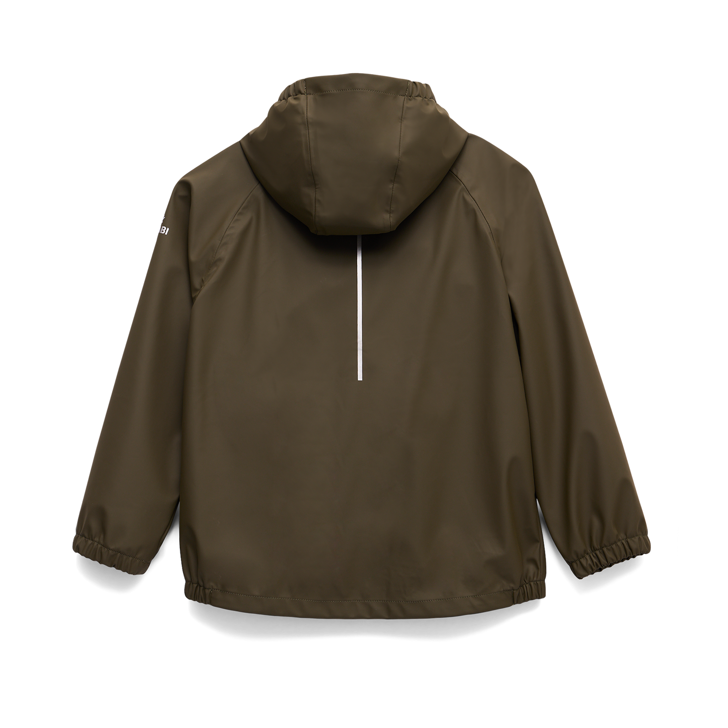 Manteau Imperméable - Kombi kaki en polyester et polyuréthane, pour enfant, vue de dos avec capuche et manches longues longues.