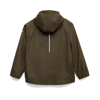 Manteau Imperméable - Kombi kaki en polyester et polyuréthane, pour enfant, vue de dos avec capuche et manches longues longues.