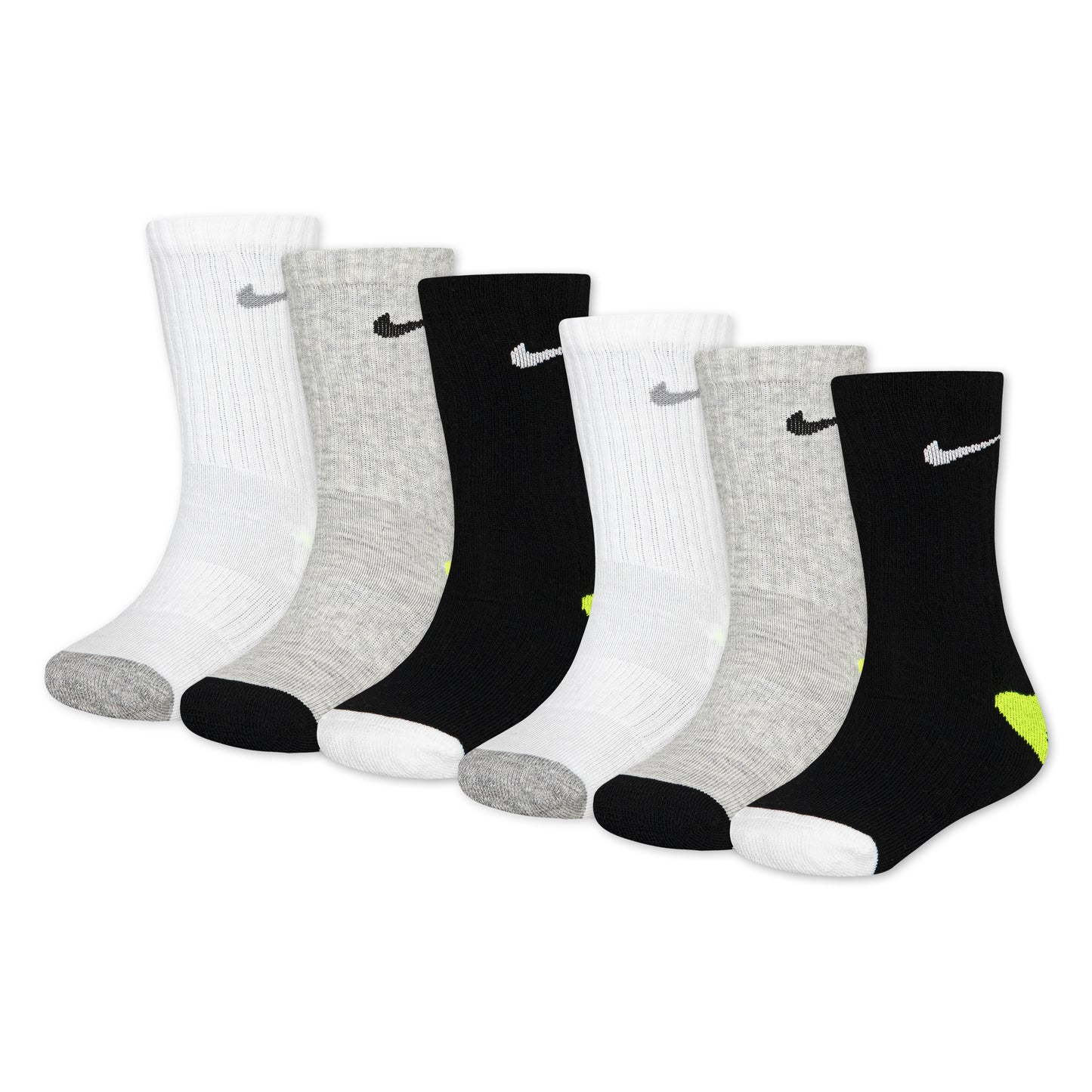 6 Paires de bas - Nike en coton, couleurs blanc, gris et noir, taille enfant, vue de côté sur fond blanc.