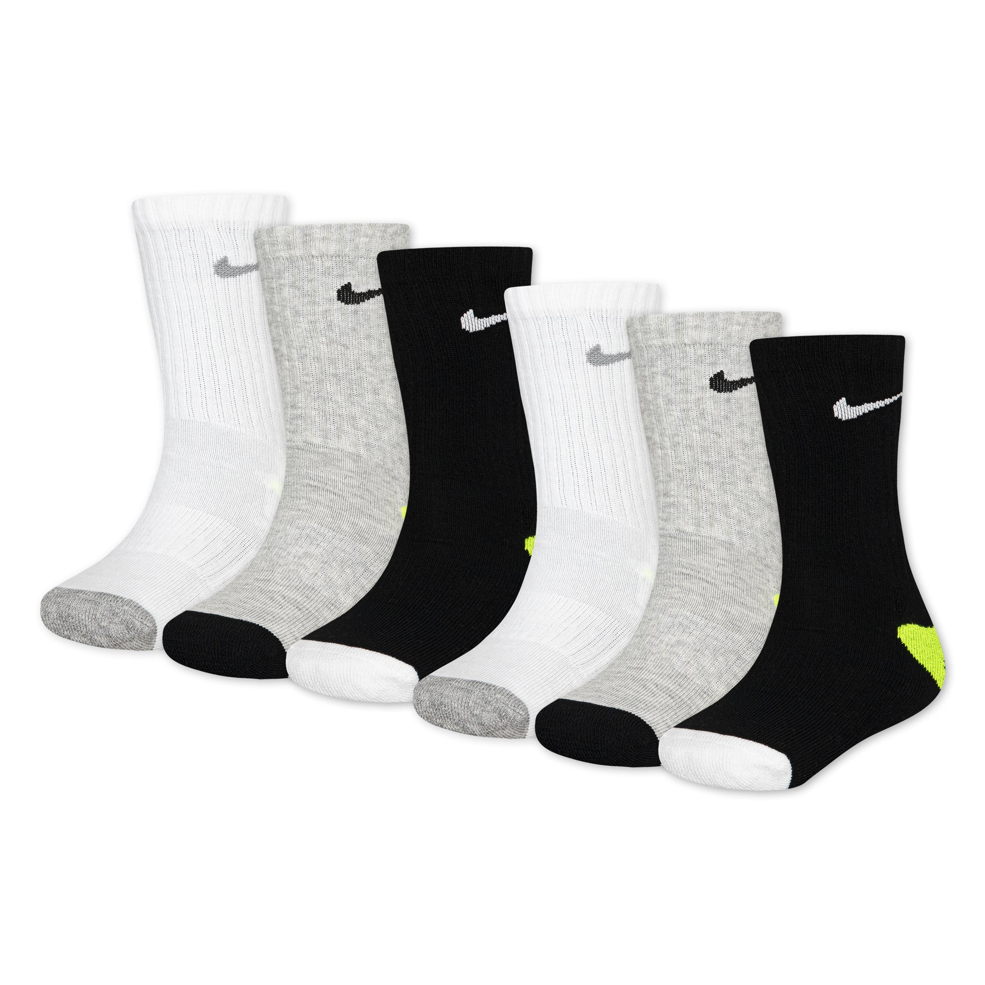 6 Paires de bas - Nike en coton, couleurs blanc, gris et noir, taille enfant, vue de côté sur fond blanc.