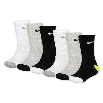 6 Paires de bas - Nike en coton, couleurs blanc, gris et noir, taille enfant, vue de côté sur fond blanc.