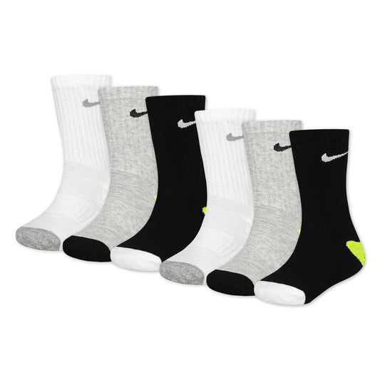 6 Paires de bas - Nike en coton, couleurs blanc, gris et noir, taille enfant, vue de côté sur fond blanc.