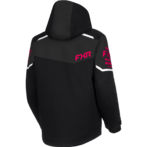 Manteau d'hiver Helium - FXR noir à capuche avec détails blancs et roses vue de dos