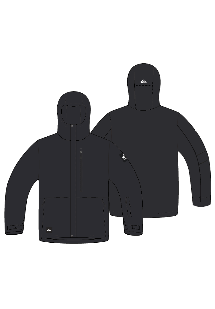 Manteau d'hiver - Quiksilver noir avec capuche, fermeture zippée, poches avant, vue de face et de dos, coupe adulte unisexe.