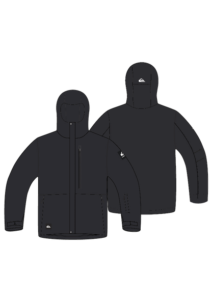 Manteau d'hiver - Quiksilver noir avec capuche, fermeture zippée, poches avant, vue de face et de dos, coupe adulte unisexe.