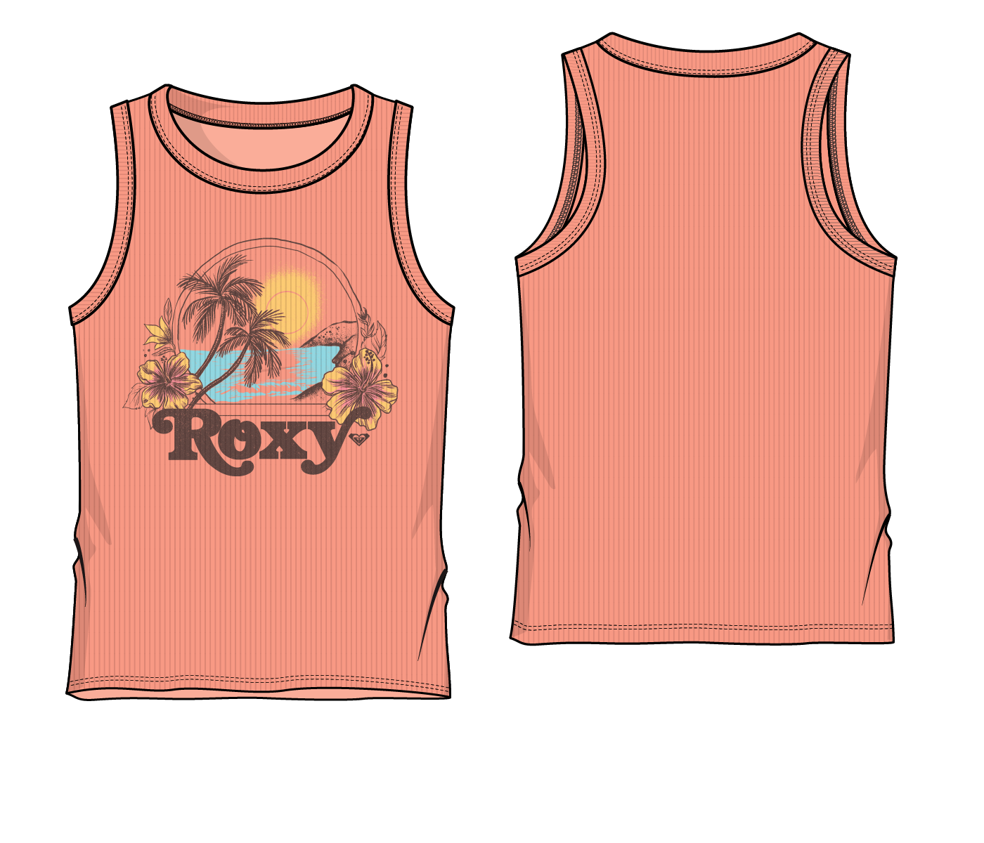 Camisole - Roxy rose corail en coton à rayures fines, imprimé tropical devant, vue de face et dos pour enfant.