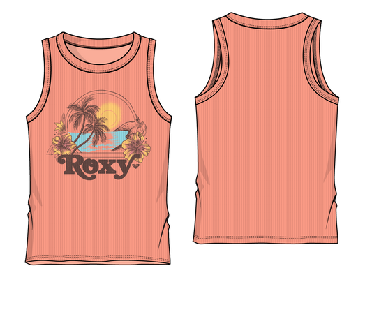 Camisole - Roxy rose corail en coton à rayures fines, imprimé tropical devant, vue de face et dos pour enfant.