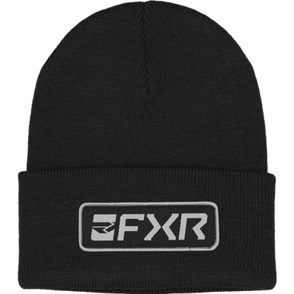 Tuque d'hiver - FXR noire en tricot avec revers, logo FXR blanc brodé, vue de face.