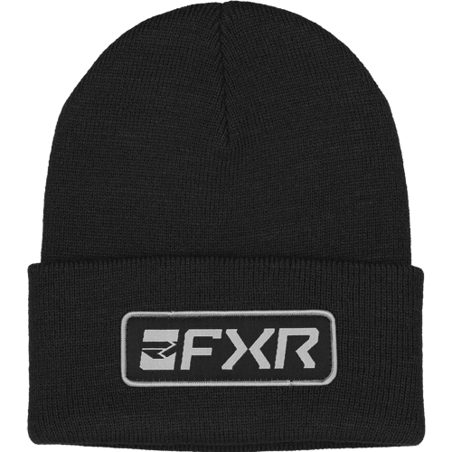 Tuque d'hiver - FXR noire en tricot avec revers, logo FXR blanc brodé, vue de face.