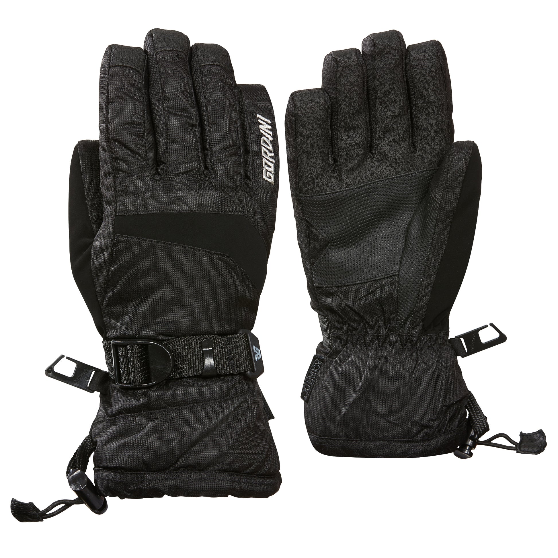 Gants d'hiver Tip Top - Gordini noirs en matériau isolant avec paumes renforcées, serrage au poignet, vue de face des deux gants.