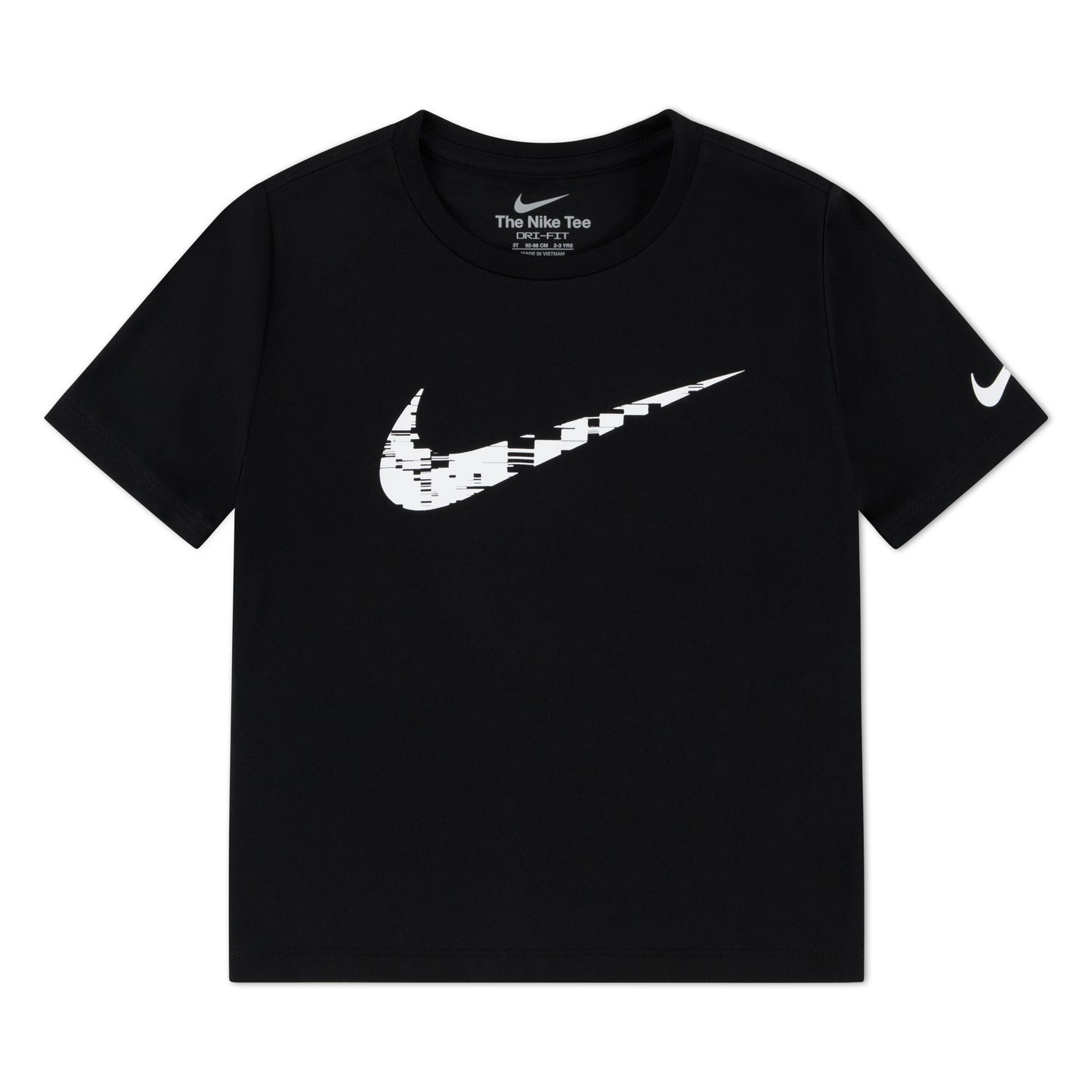 T-Shirt - Nike noir en polyester avec logo blanc pixelisé, coupe classique, vue de face, pour enfant