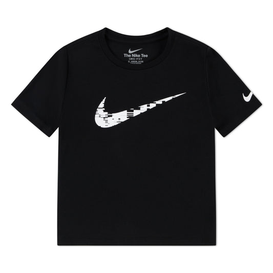 T-Shirt - Nike noir en polyester avec logo blanc pixelisé, coupe classique, vue de face, pour enfant