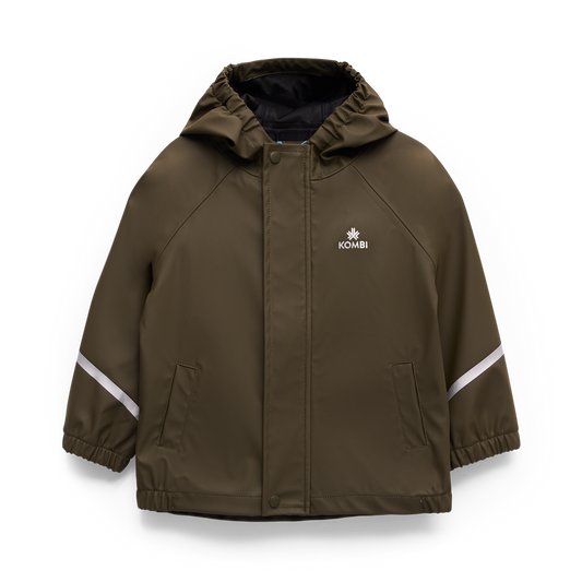 Manteau Imperméable - Kombi kaki à capuche avec bandes réfléchissantes blanches, pour enfant, vue de face en 2000x2000 carré