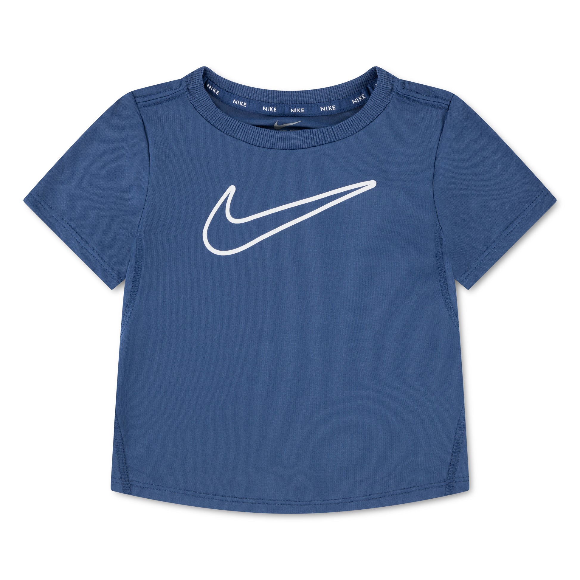 T-Shirt - Nike bleu marine en polyester pour fillette avec logo blanc, coupe courte, vue de face