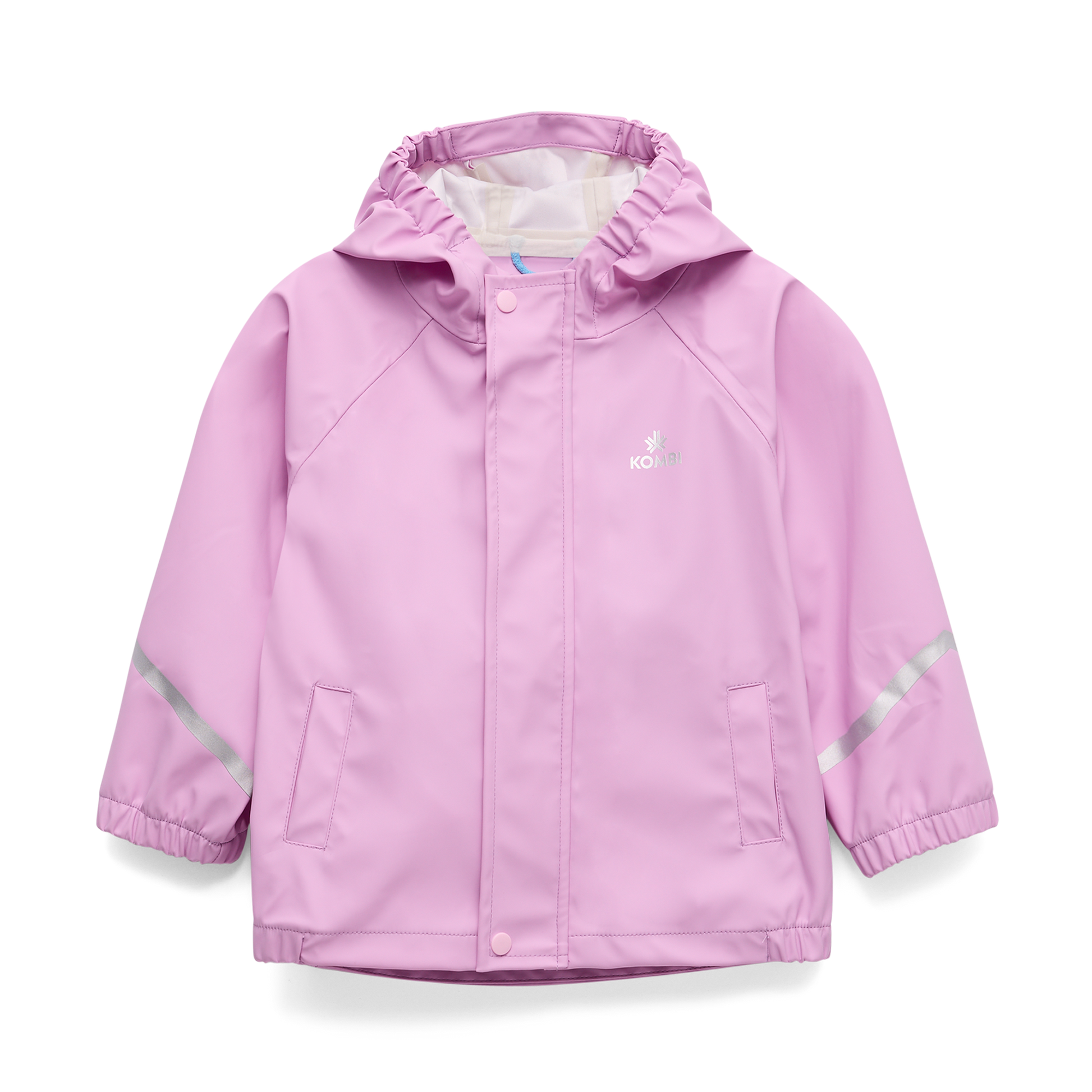 Manteau Imperméable - Kombi rose clair enfant, polyester et polyuréthane, capuche, vue de face carrée 2000x2000 pixels.