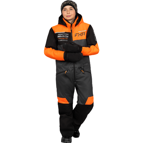 Habit de neige 1 pièce - FXR noir et orange, style sportif, pour enfant, porté en vue de face
