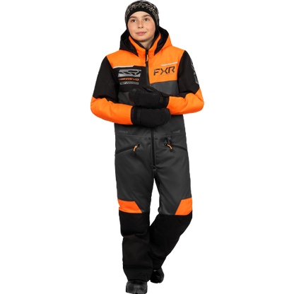 Habit de neige 1 pièce - FXR noir et orange, style sportif, pour enfant, porté en vue de face