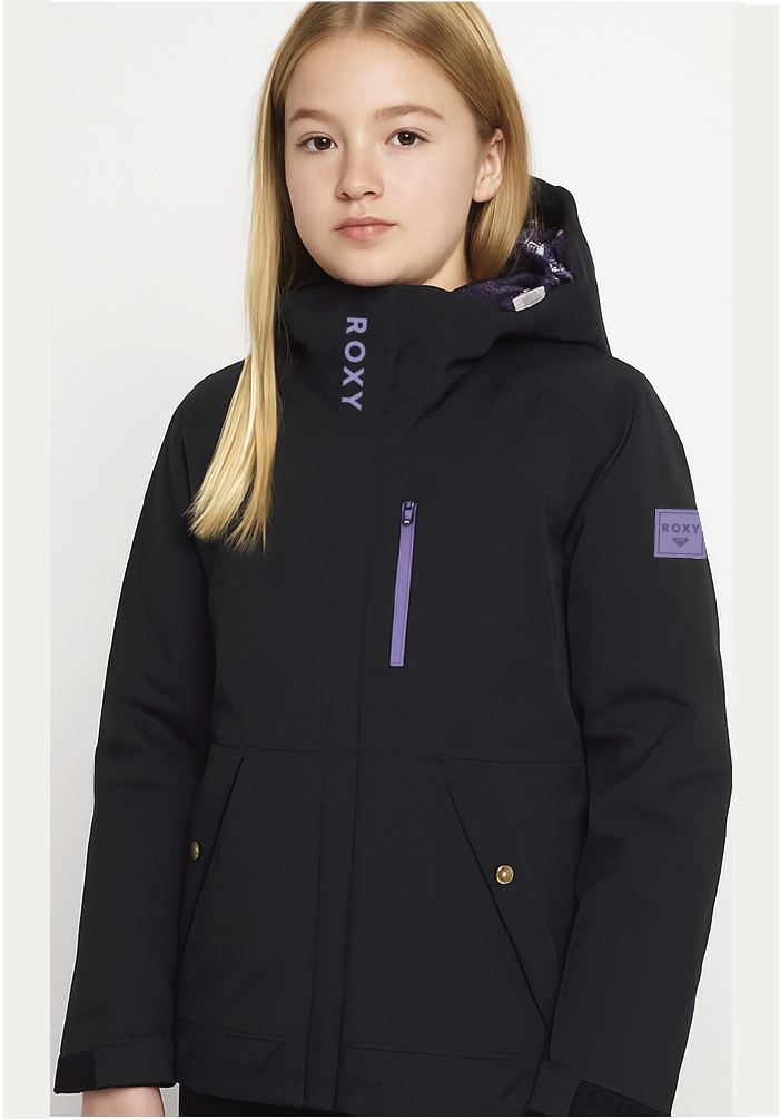 Manteau d'hiver - Roxy noir avec détails violets, capuche, fermeture zippée, pour fille, vue de face porté sur mannequin.