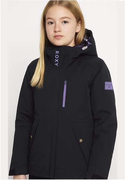 Manteau d'hiver - Roxy noir avec détails violets, capuche, fermeture zippée, pour fille, vue de face porté sur mannequin.