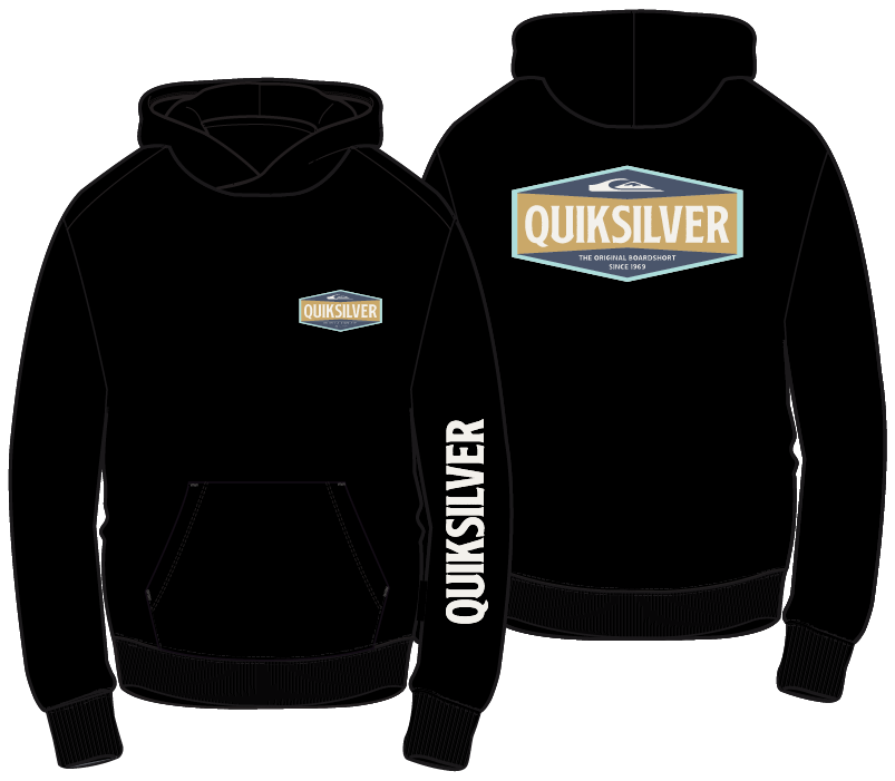 Hoodie - Quiksilver noir avec logo multicolore sur poitrine et dos, inscription blanche sur manche, style à capuche, vue de face et dos.