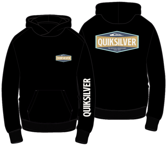 Hoodie - Quiksilver noir avec logo multicolore sur poitrine et dos, inscription blanche sur manche, style à capuche, vue de face et dos.