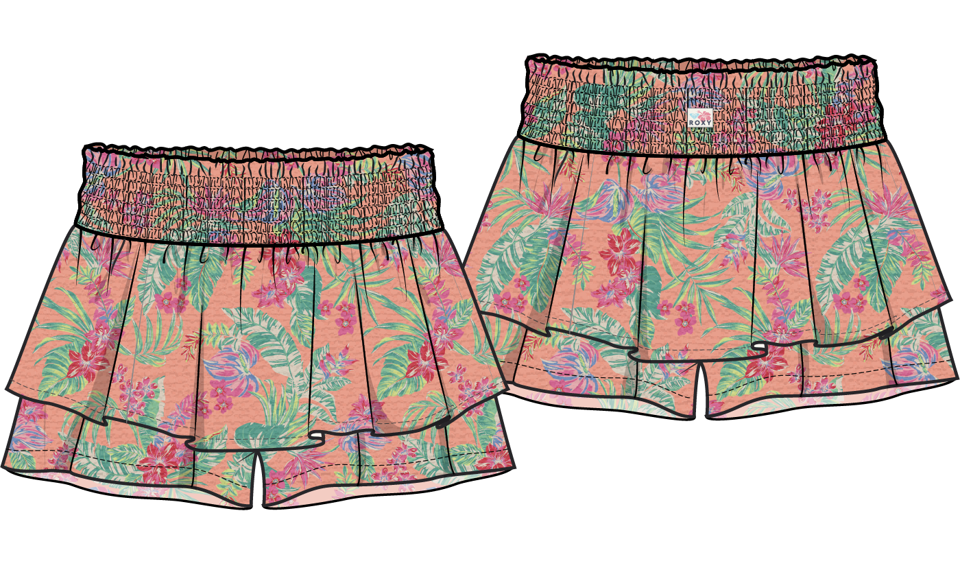 Jupe-Short - Roxy saumon à motifs floraux verts et roses, taille smockée, pour enfant, vue de face et dos.