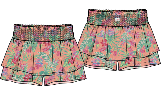 Jupe-Short - Roxy saumon à motifs floraux verts et roses, taille smockée, pour enfant, vue de face et dos.